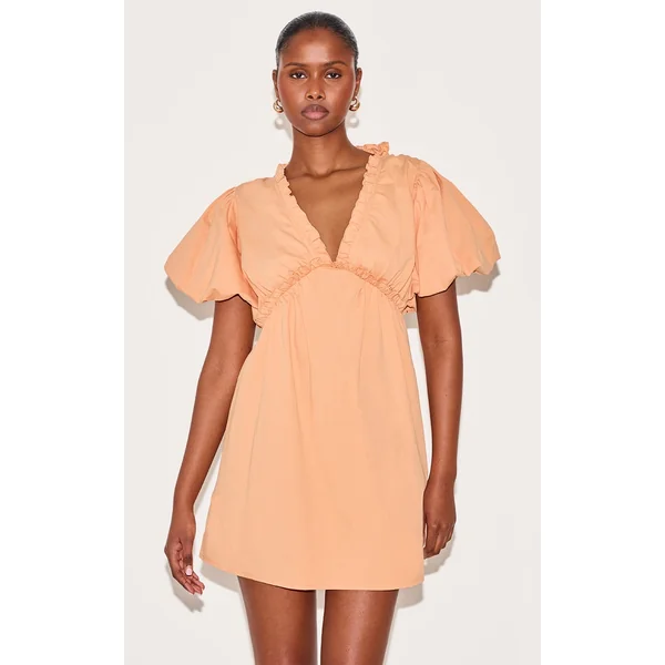 Orange Cotton Gathered A-line Dress