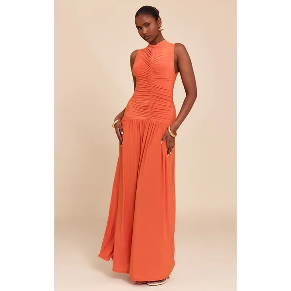 Orange Double Layer Soft Touch Drop Waist Ruched Maxi Dress