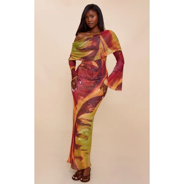 Orange Feather Print Lined Mesh Long Sleeve Maxi Dress