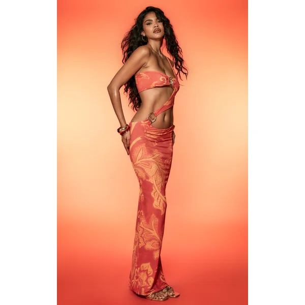 Orange Floral Print Double Layer Slinky Trim Detail Maxi Dress