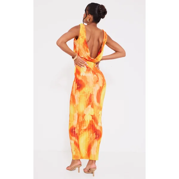 Orange Floral Print Plisse Cut Out Halterneck Maxi Dress