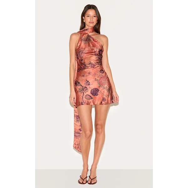 Orange Floral Printed Satin Scarf Detail Bodycon Dress