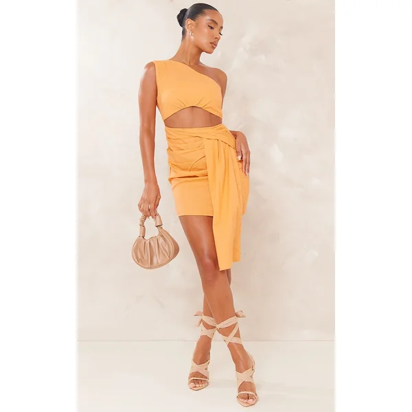 Orange Linen Look One Shoulder Cut Out Drape Bodycon Dress