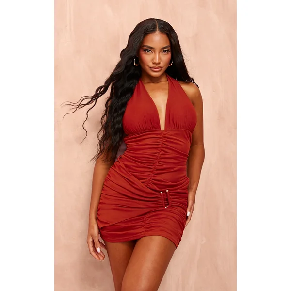 Orange Mesh Halterneck Ruched Bodycon Dress