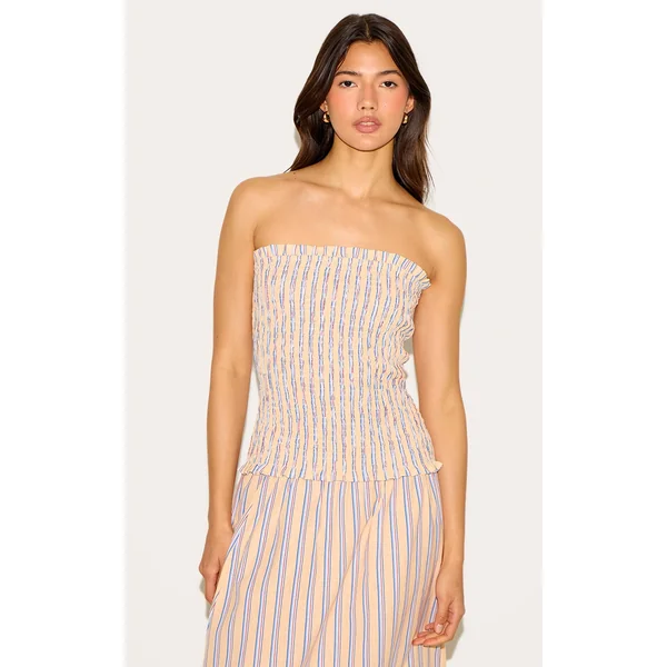 Orange Pinstripe Linen Look Shirred Bandeau Top