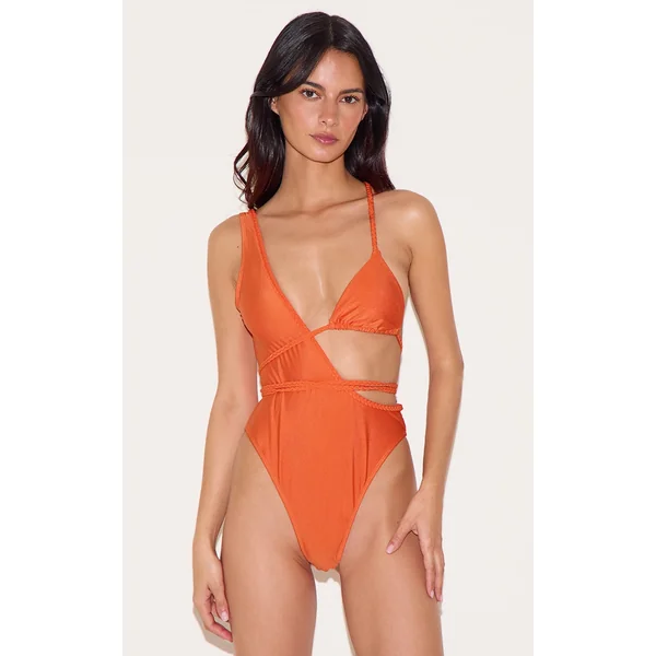 Orange Plait Detail Asymmetric Swimsuit