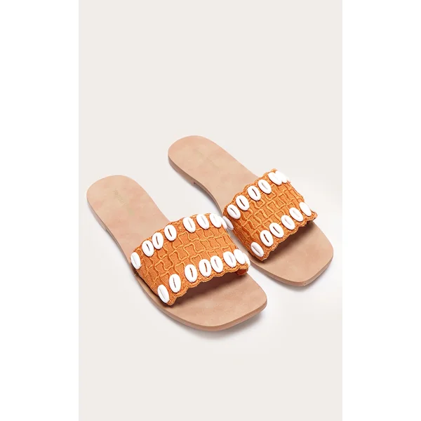 Orange Round Toe Stitch Detail Shell Strap Mule Sandals