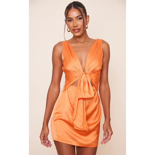 Orange Satin Extreme Plunge Tie Waist Drape Bodycon Dress