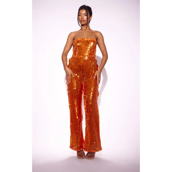 Orange Sequin Bandeau Wide Leg Jumpsuit