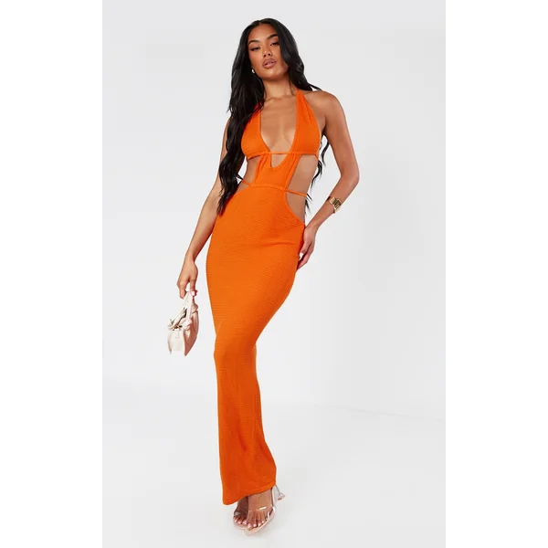 Orange Textured Sheer Knit Ruched Cut Out Halterneck Dress