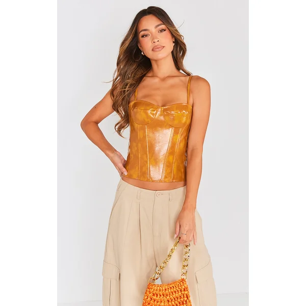 Orange Washed Faux Lather Structured Corset