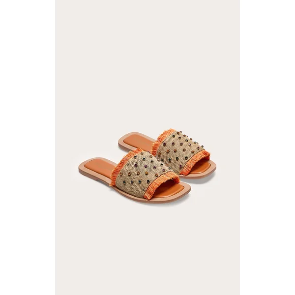 Orange Wide Fit Round Toe Raffia Fringed Diamante Woven Flat Mule Sandals