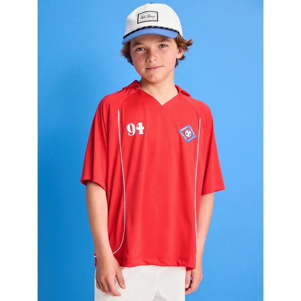 Oversized Collared Graphic Performance Top for Boys - Robbie Red