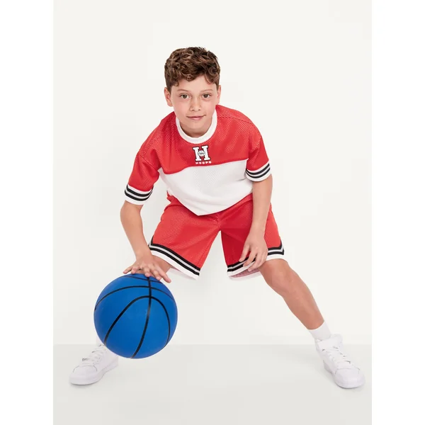 Oversized Color-Block Mesh Graphic T-Shirt for Boys - Color Block Red