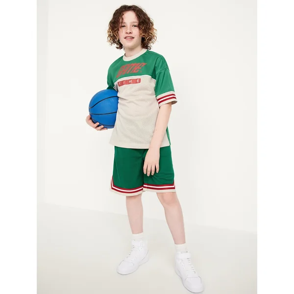 Oversized Color-Block Mesh Graphic T-Shirt for Boys - Emerald Pigment