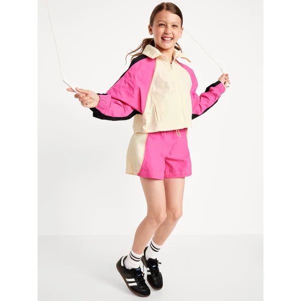 Oversized Cropped Color-Block Zip Jacket for Girls - Cyber Pink Neon