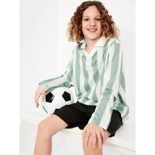 Oversized Long-Sleeve Collared Performance Top for Boys - Green Stripe