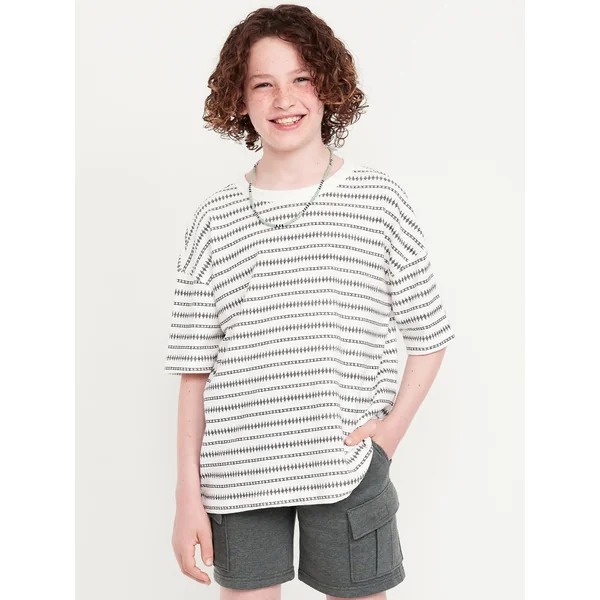Oversized Short-Sleeve Jacquard-Knit T-Shirt for Boys - Black White Stripe