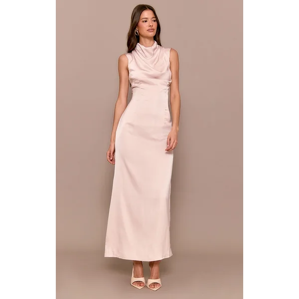 Oyster Satin High Neck Midaxi Dress