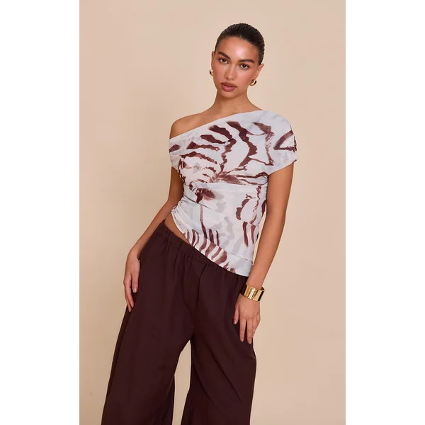 Pale Blue Abstract Shell Printed Chiffon Asymmetric Drape Long Top