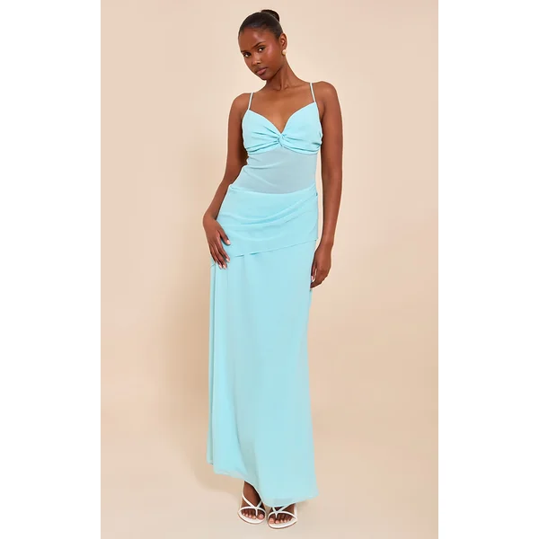 Pale Blue Chiffon Twist Mesh Maxi Dress