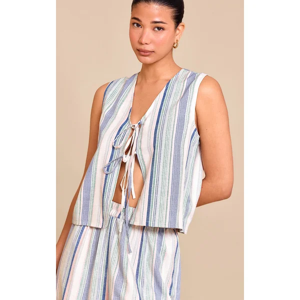 Pale Blue Linen Look Pinstripe Tie Front Vest