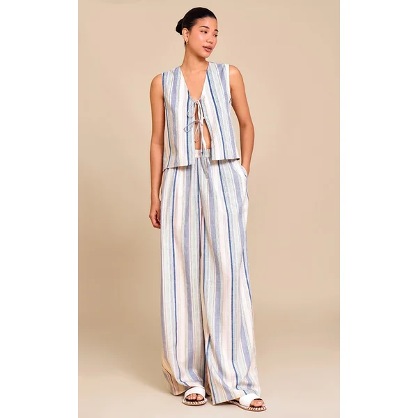 Pale Blue Linen Look Pinstripe Wide Leg Pants