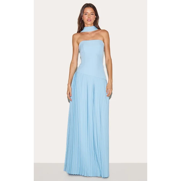 Pale Blue Woven Asymmetric Pleated Maxi Dress
