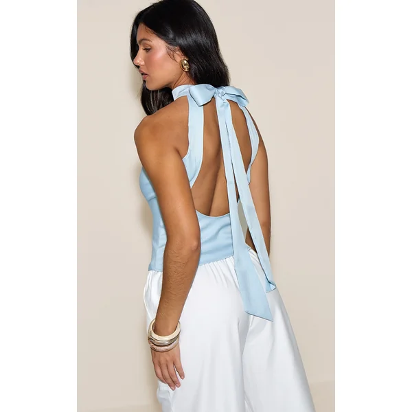 Pale Blue Woven Highneck Tie Detail