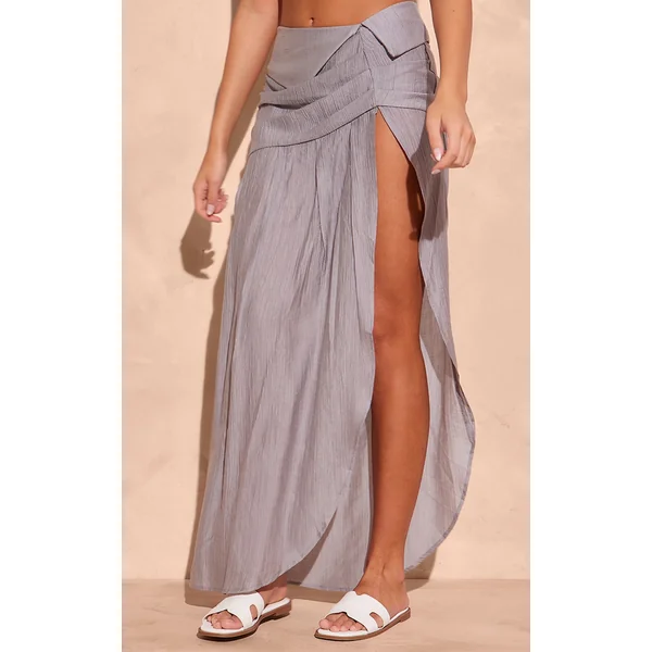 Pale Grey Crinkle Woven Fold Over Waist Maxi Skirt