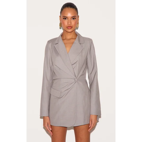Pale Grey Tailored Woven Cinched Waist Long Sleeve Romper