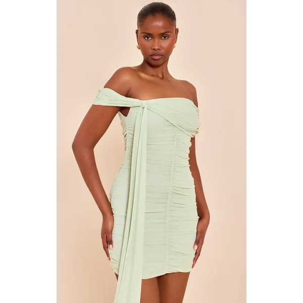 Pale Lime Mesh Lined Bardot Mini Dress