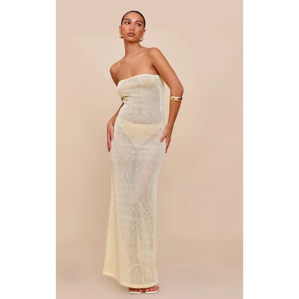 Pale Lime Sequin Sheer Bandeau Maxi Dress