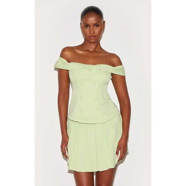 Pale Lime Tailored Button Detail Bardot Pleated Skort Romper