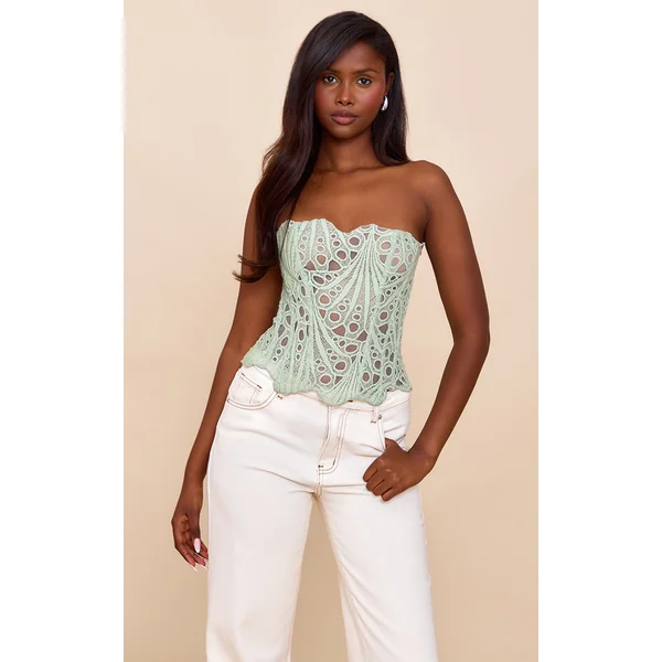 Pale Lime Textured Sheer Floral Lace Corset