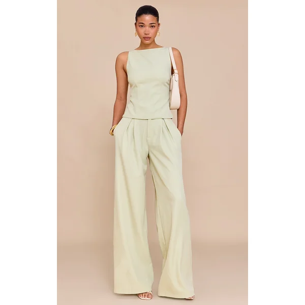 Pale Lime Woven Tailored Wide Leg Pants