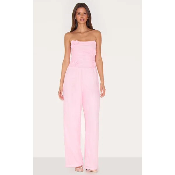 Pale Pink Mesh Overlay Bandeau Rose Applique Jumpsuit