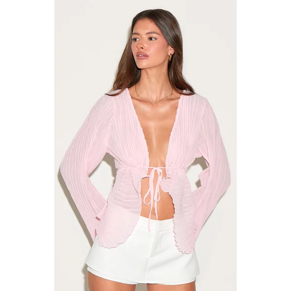 Pale Pink Sheer Plisse Tie Front Flute Sleeve Blouse