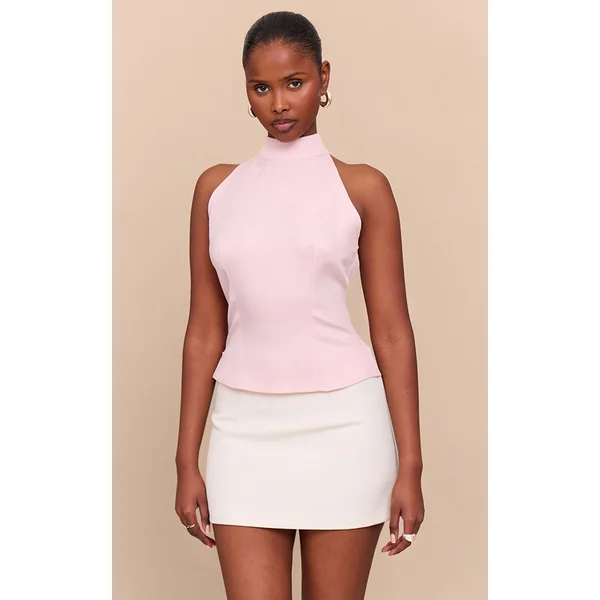 Pale Pink Woven High Neck Tie Detail Top