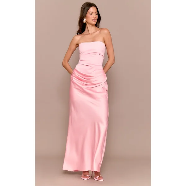 Pale Rose Bandeau Satin Drape Detail Midaxi Dress