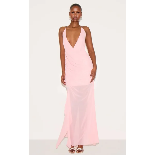 Pale Rose Chiffon Asymmetric Ruched Maxi Dress