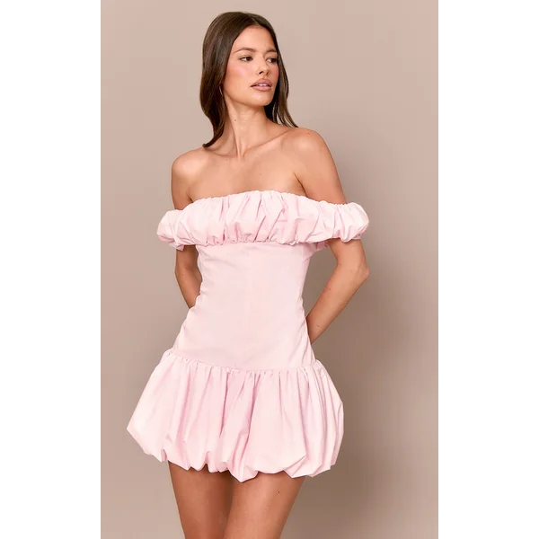 Pale Rose Ruched Bardot Puff Hem Bodycon Dress