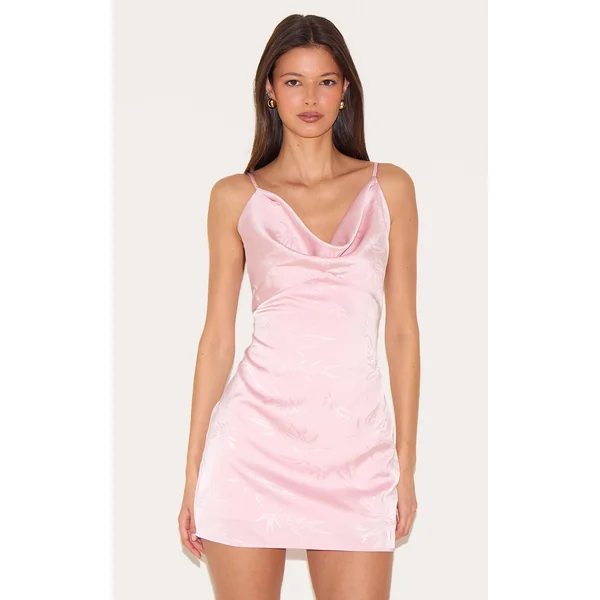 Pale Rose Satin Leaf Print Cowl Neck Mini Dress