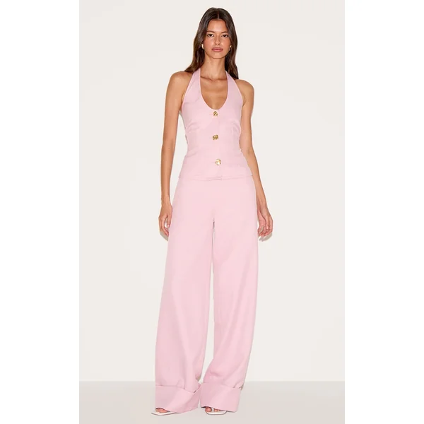 Pale Rose Textured Woven Wide Leg Pant