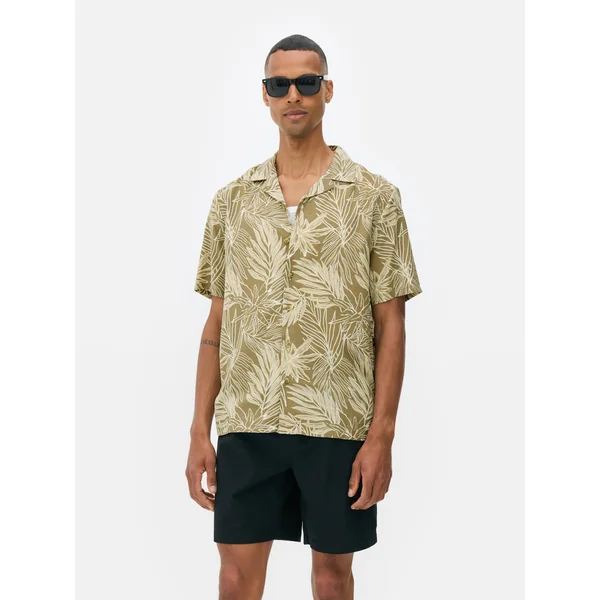 Palm Leaf V-Neck Shirt - Beige