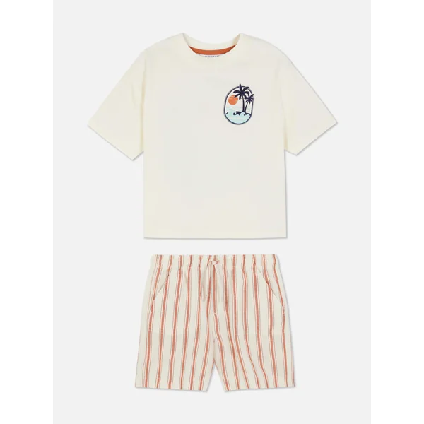 Palm Tree T-Shirt and Striped Shorts - White