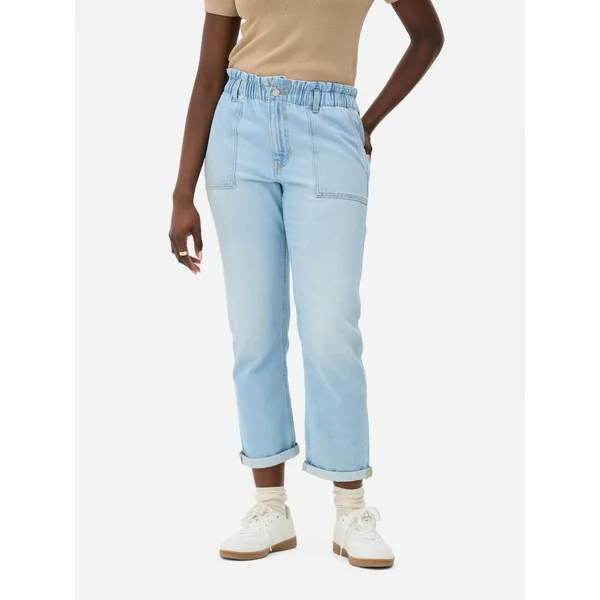 Paperbag Waist Cotton Pants - Light Blue