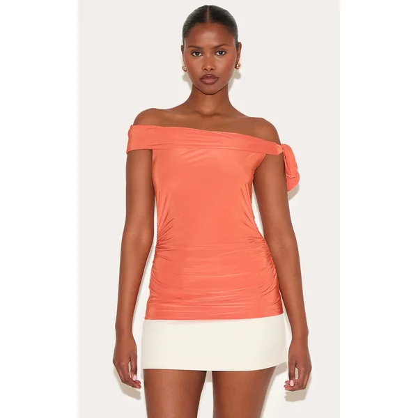 Paprika Double Layer Slinky Tie Shoulder Bardot Long Top