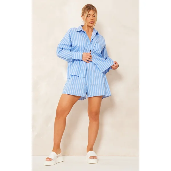 Pastel Blue Stripe Cotton Elasticated Floaty Shorts
