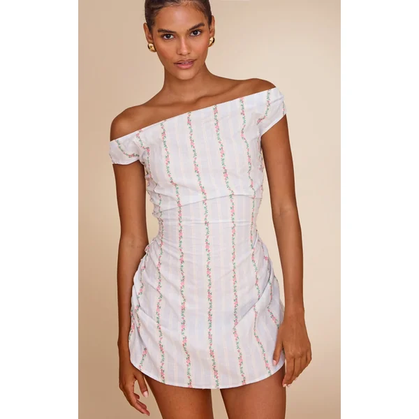 Pastel Blue Stripe Ditsy Print Bardot A-Line Dress